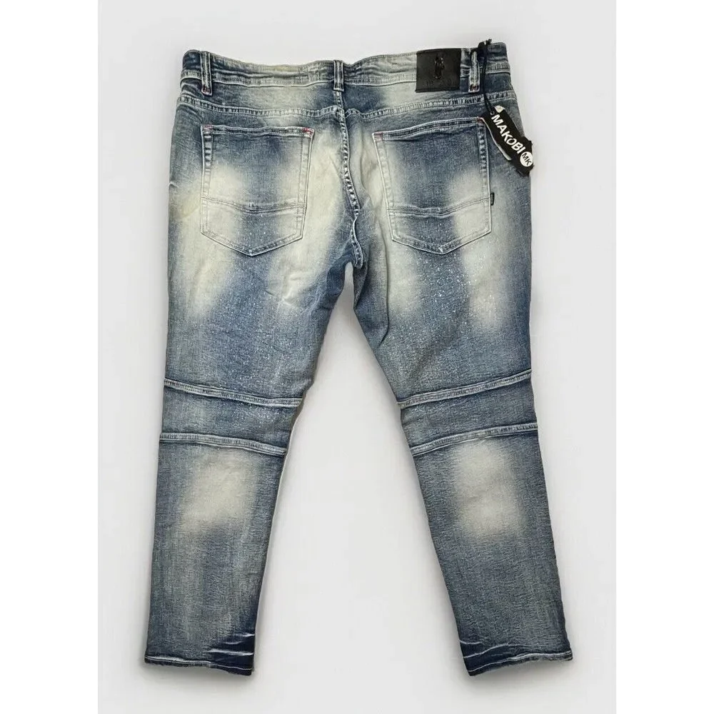 MAKOBI‎ Alki Biker Jeans Mens 44X32 M1757 Vintage Light Wash Moto Distressed NWT